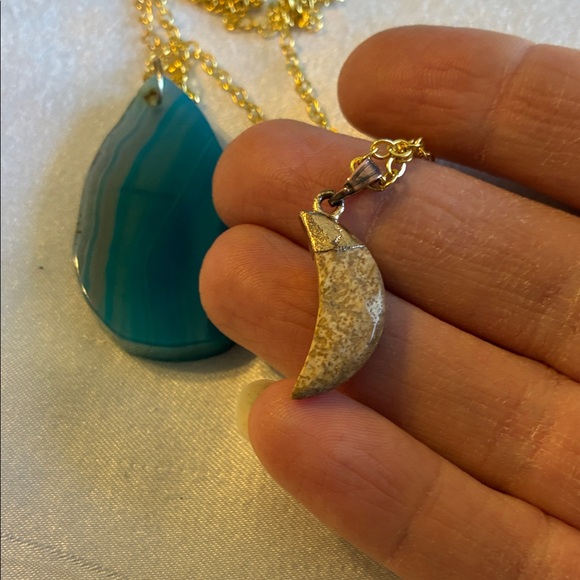 Elegant Blue Agate Slice and Jasper Moon Pendants on 23” Gold Tone Chain - Picture 5 of 12